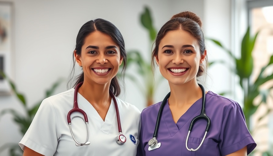 Two smiling nurses promoting personalized home health care in a clinic setting.