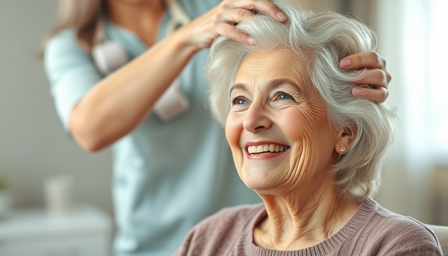 Senior Home Care Florida: Elderly woman smiling as caregiver brushes her hair indoors.