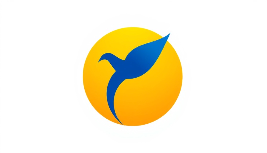 Minimalist logo, blue abstract bird in yellow circle, vibrant design