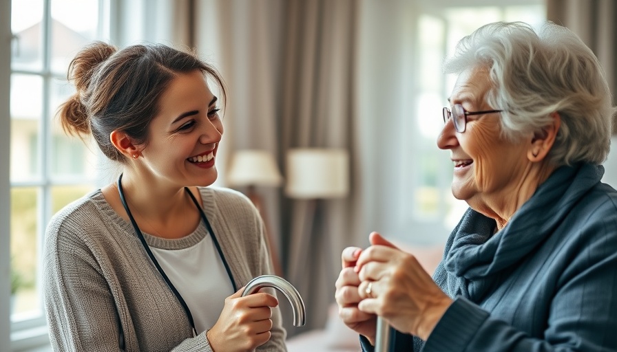 Caring at-home senior care professional assisting elderly woman at home.
