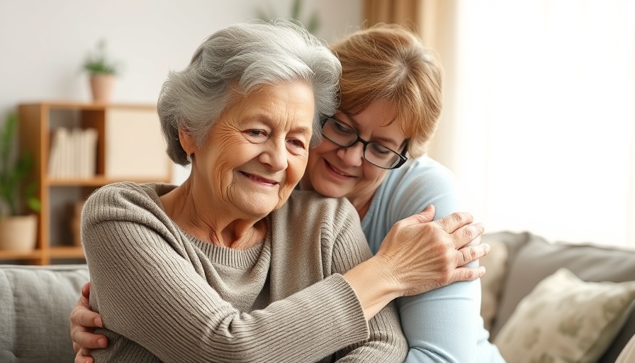 Senior and caregiver hugging in home care setting.