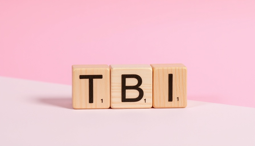 Wooden blocks spelling TBI on pink and white background.