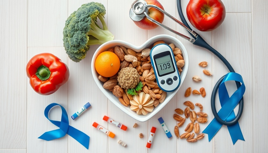 Healthy foods with glucometer, ribbon, and stethoscope, symbolizing early symptoms of diabetes care.