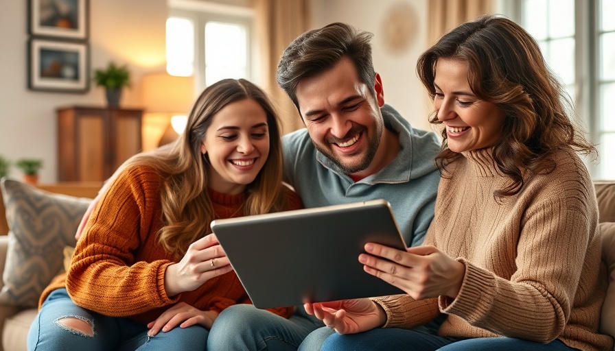 Family engaging together on a tablet, avoiding caregiver burnout.