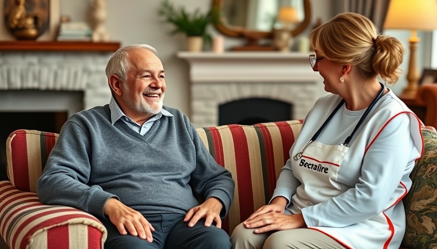 Elderly man in conversation with care worker in living room, normal ageing vs dementia theme.