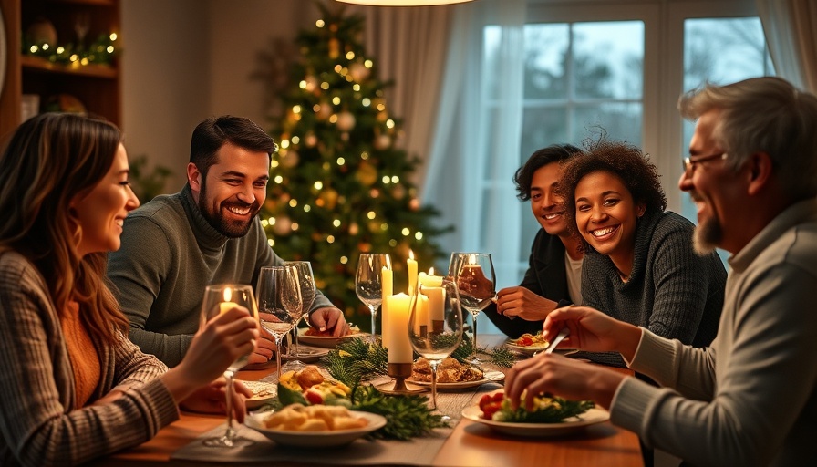 Family helping seniors during holiday season, festive dinner.