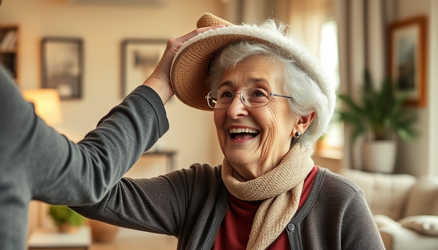 Seniors aging in place: older woman assisted with a hat in a cozy room.