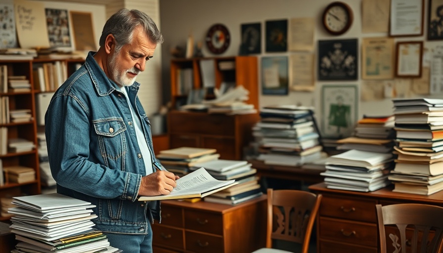 Middle-aged man writing in an office with papers, retirement age theme.