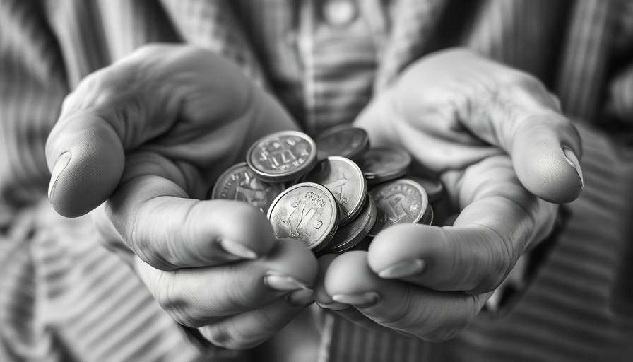 Elderly hands holding coins, financial security concern, black and white.