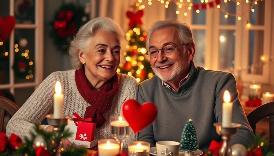 Festive elderly couple celebrating Valentine's Day at a beautifully decorated table with warm candlelight.