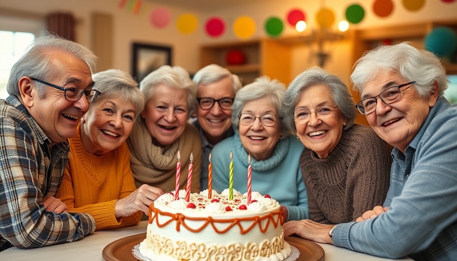 Celebrations and reunions for seniors, group gathered around a cake indoors.