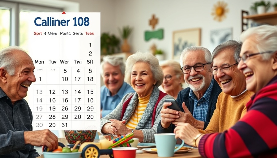 Cheerful elderly people enjoying activities on a promotional calendar.