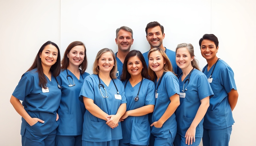20 year caregivers in home care smiling together in blue uniforms.