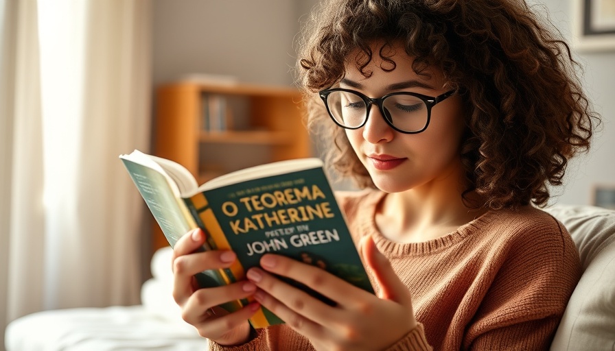 Young woman reading John Green book indoors