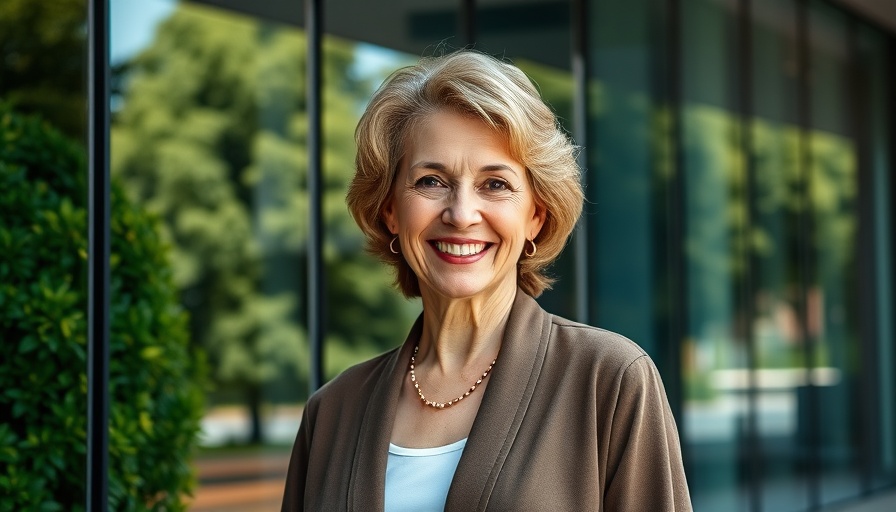 Confident woman smiling outside modern glass building, Entrepreneurship Paths.