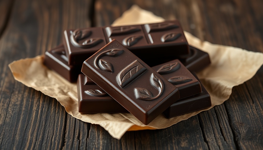 Dark chocolate bars with leaf design on rustic paper, sustainable agriculture in Colombia.