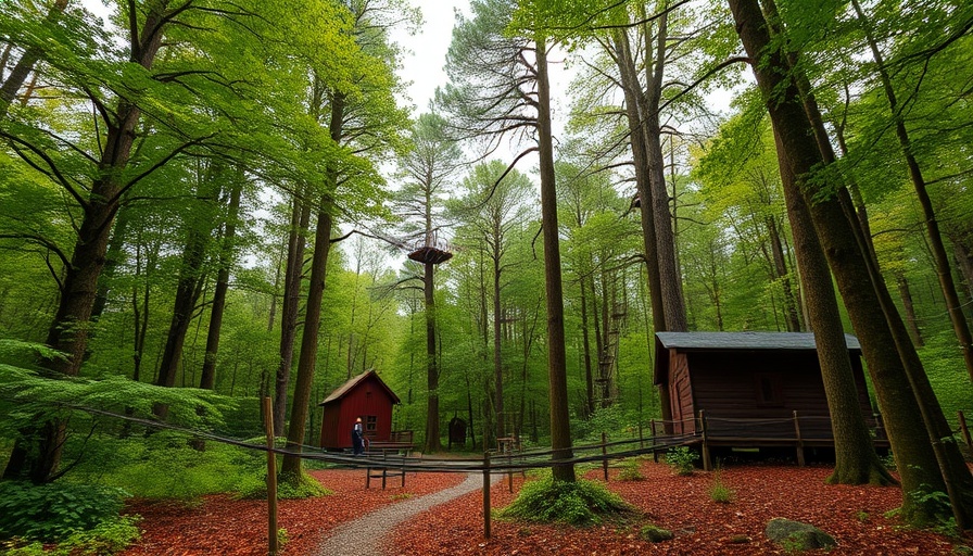 Forest adventure course with ropes and platforms amid tall trees.