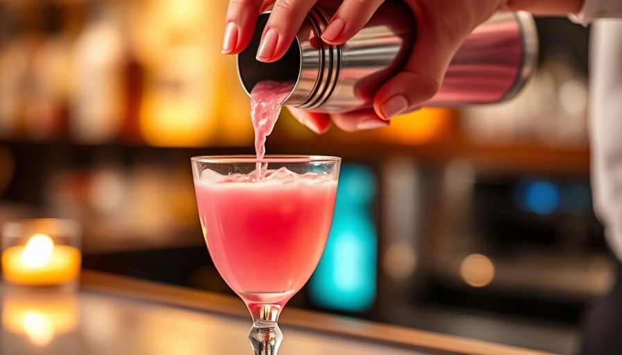 Hummingbird's Pink Panther Cocktail Recipe being poured from shaker.