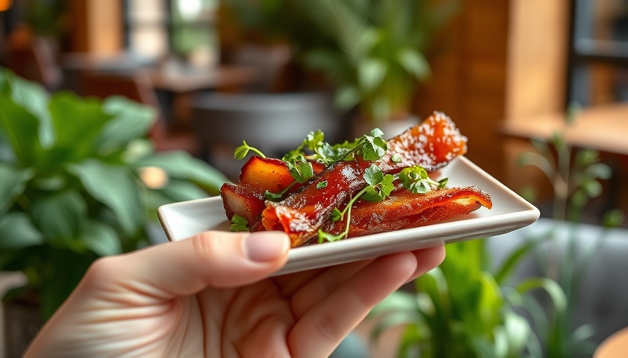 Candied bacon with microgreens on a plate, cozy restaurant setting.
