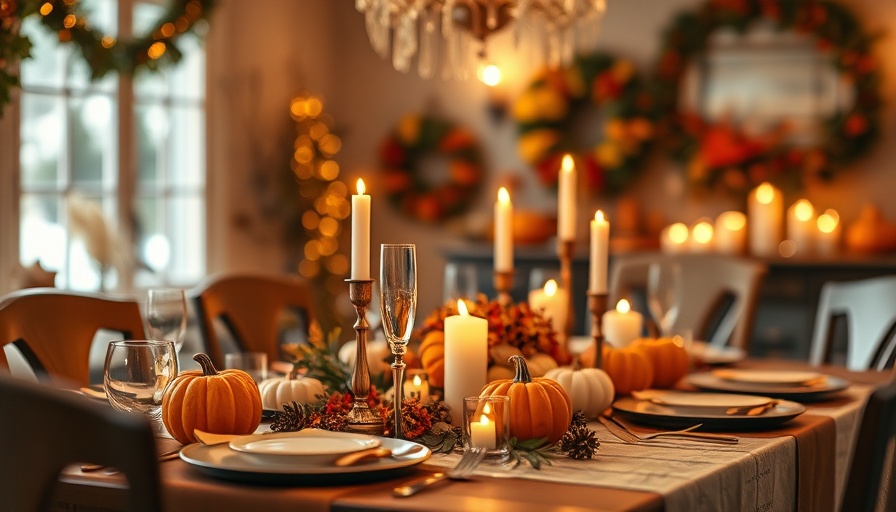 Elegant autumn dining table setup with pumpkins and candles, warm atmosphere.
