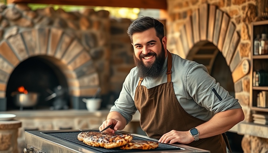Bearded chef grilling at Roots for Reece culinary event.