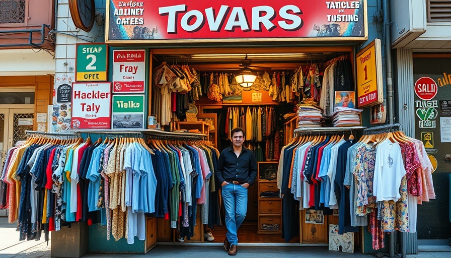 Vintage store owner at doorway with clothing racks, conveying store success.