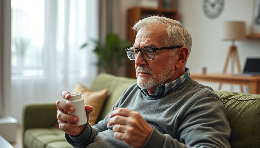 Senior man examining pill bottle in safe, comfortable senior housing.