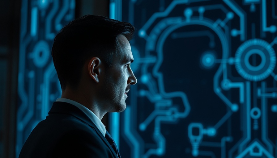 AI Leadership with Soul: Man meets digital AI face, futuristic contrast.