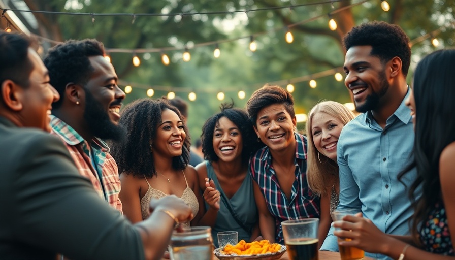 Joyful diverse group enjoying hospitality in barbecue setting.