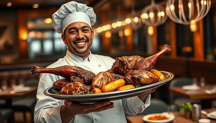 Chef in restaurant holding platter with roasted meat, Midtown cover.