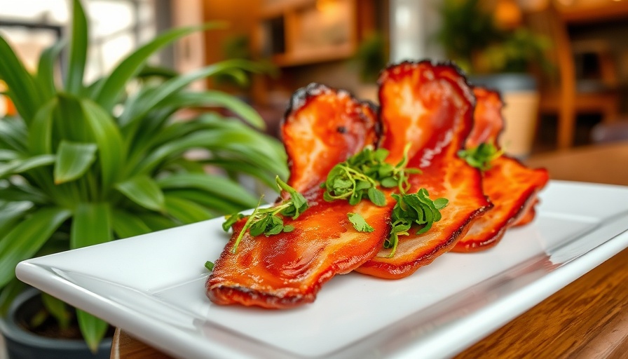 Close-up of Durham brunch menu item, crispy bacon with microgreens on a white plate.