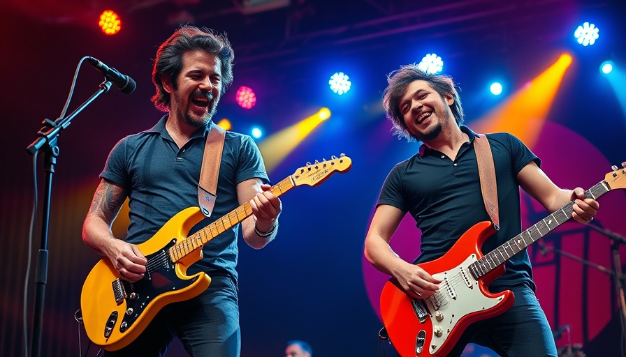 Musicians performing on stage with guitars, vibrant lights.