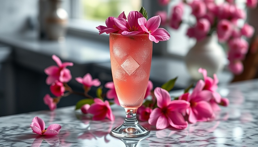 Hummingbird Pink Panther cocktail in a glass with pink flowers.