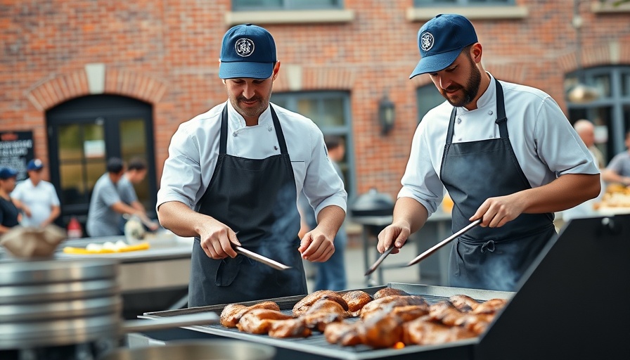 Chefs grilling meats at BBQ and Bubbly Event by a brick wall