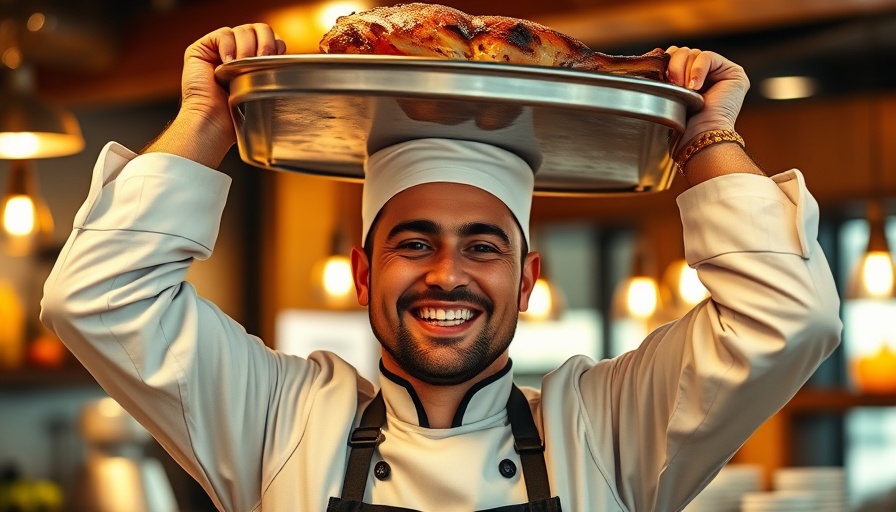 Smiling chef holding a roast in a vibrant restaurant setting.