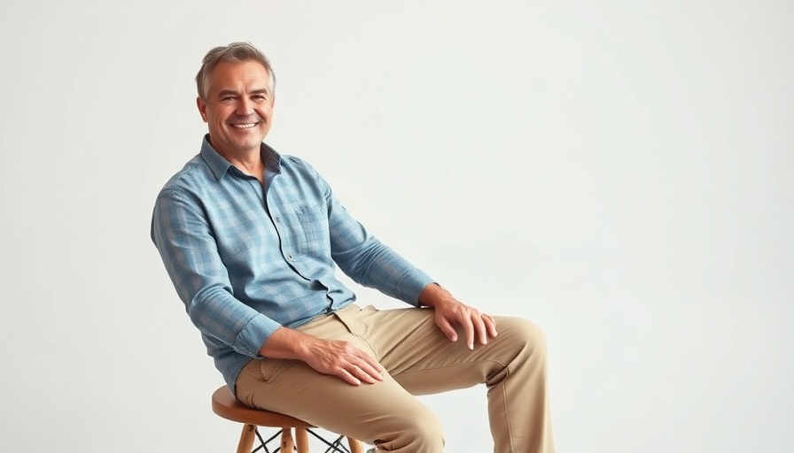 Smiling man embodying men's facial rejuvenation casually seated.