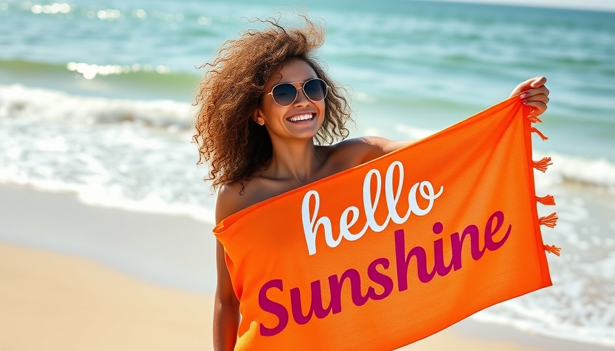 Curly-haired woman with vibrant 'Hello Sunshine' beach towel at the beach.