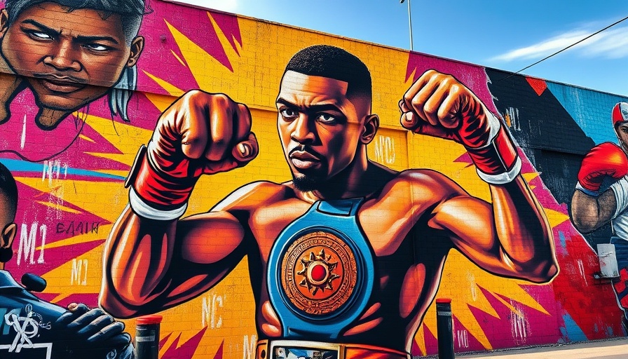 Vibrant street mural of a boxing champion with fists raised in Denver