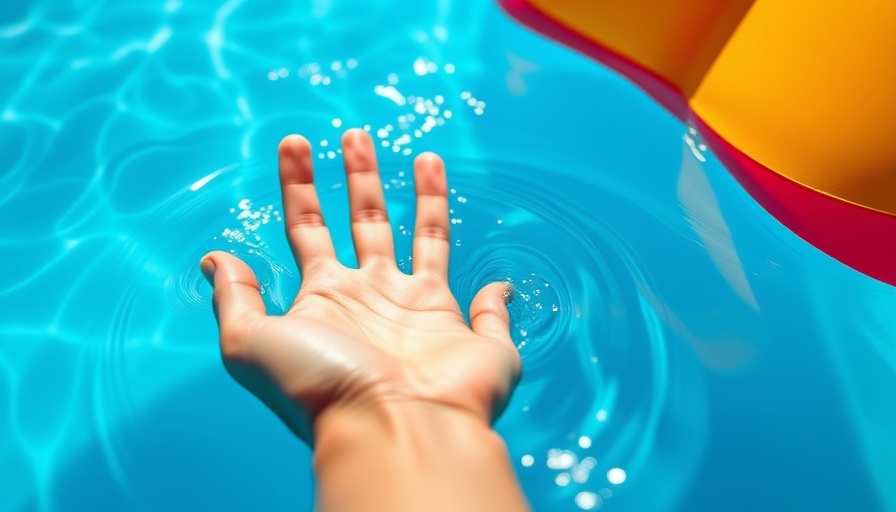 Close-up of hand touching pool water on an inflatable float, summer 2025.