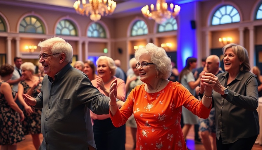 Seniors enjoying a lively dance event in a grand ballroom.