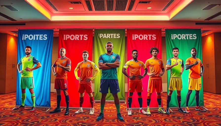 Vibrant sports banners exhibit, indoor lighting, dynamic colors.
