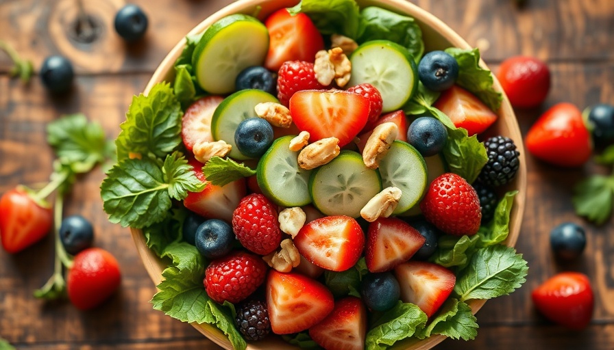 Vibrant fresh salad in a rustic bowl, showcasing colorful fruits and nuts for your summer salad game.