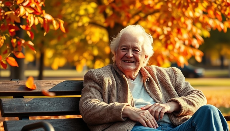 Elderly couple in a park surrounded by autumn colors, illustrating population aging narrative.