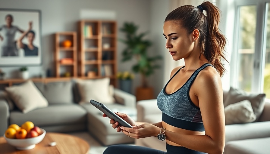 Focused woman tracking fitness data at home, 10K steps a day for desk workers.
