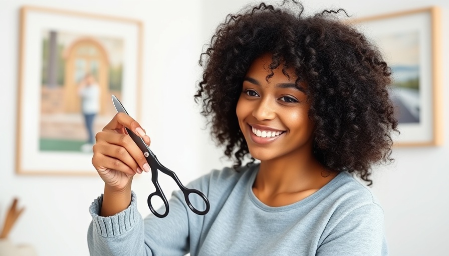 Curly-haired woman maintaining hair with scissors at home, showcasing hair care tips.