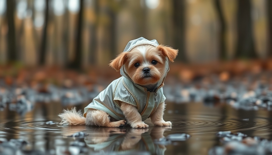 Small dog in raincoat sitting in a puddle, forest setting.