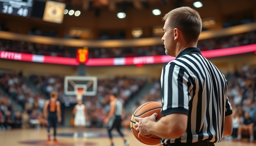 Referee holding basketball with women's sports players in background.