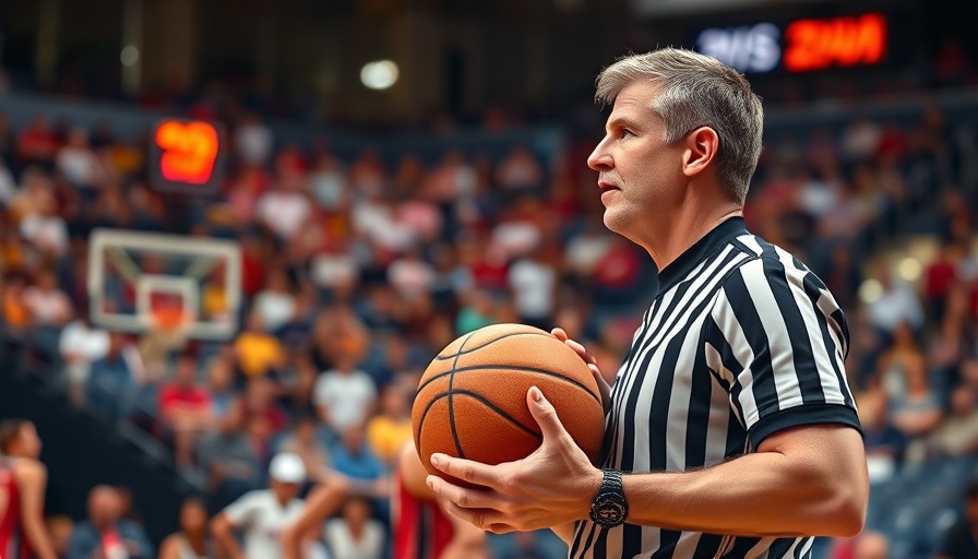 Women's basketball game referee holding ball in lively stadium