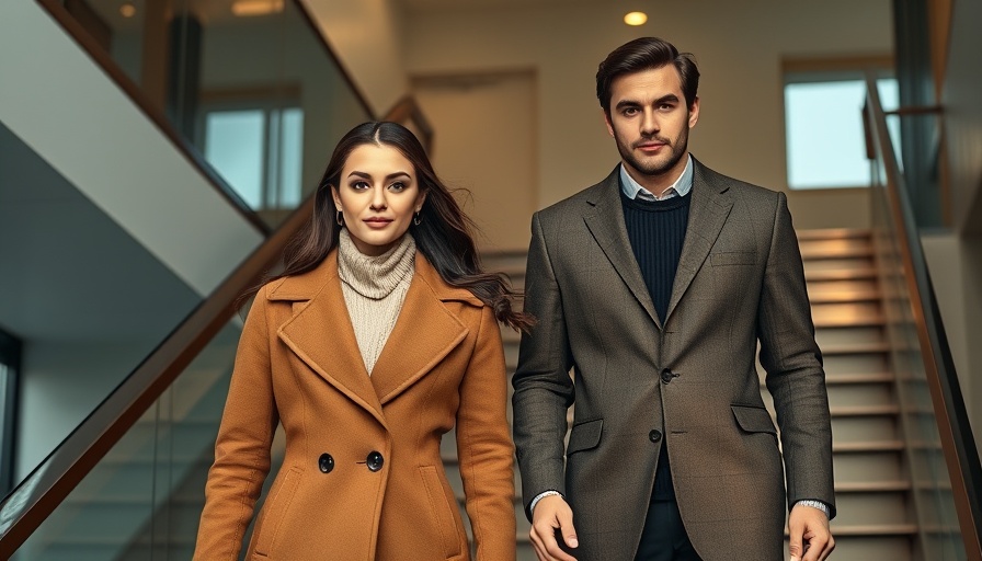 Sophisticated fall fashion in Raleigh: elegant couple descending stairs