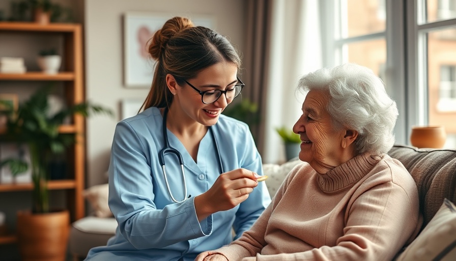 Nurse helping senior woman with medication at home.
